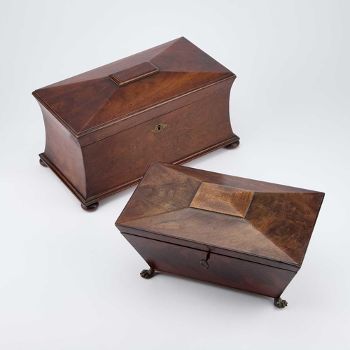 1179 - A 19TH CENTURY MAHOGANY TEA CADDY of sarcophagus form with waisted sides, the interior with a pair o... 