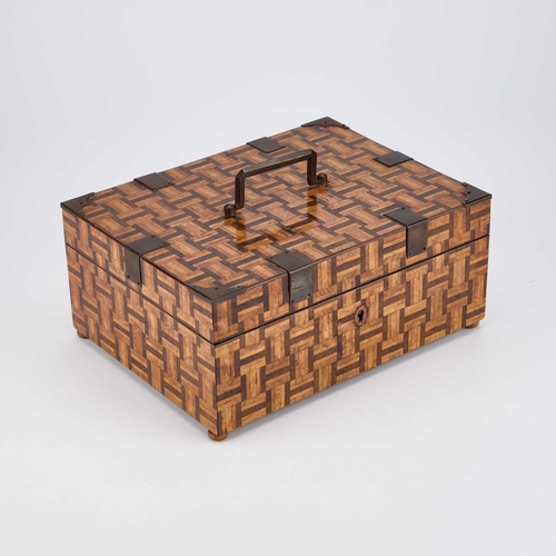 1181 - A CONTINENTAL STEEL-MOUNTED PARQUETRY WORK BOX, 19TH CENTURY 24.5cm wide