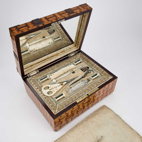 1181 - A CONTINENTAL STEEL-MOUNTED PARQUETRY WORK BOX, 19TH CENTURY 24.5cm wide