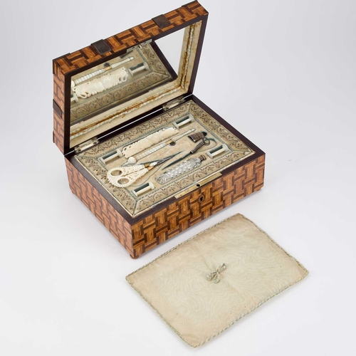 1181 - A CONTINENTAL STEEL-MOUNTED PARQUETRY WORK BOX, 19TH CENTURY 24.5cm wide