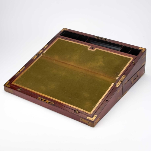 1182 - A 19TH CENTURY BRASS-BOUND MAHOGANY WRITING SLOPE of typical form, with a fitted interior and an end... 