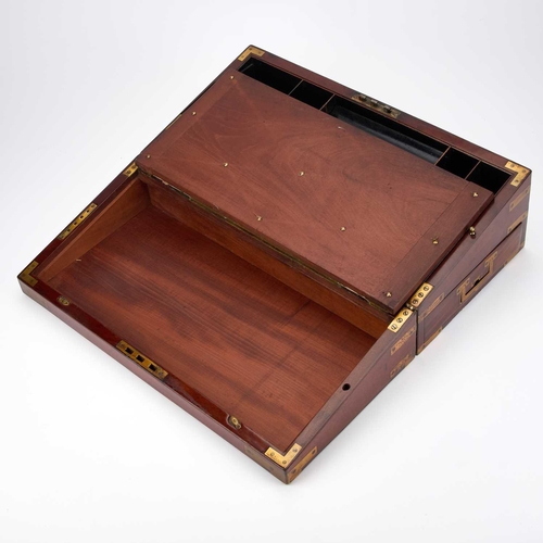 1182 - A 19TH CENTURY BRASS-BOUND MAHOGANY WRITING SLOPE of typical form, with a fitted interior and an end... 