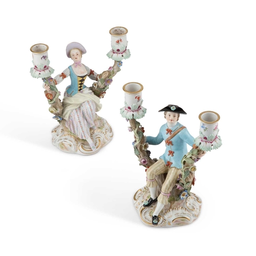 128 - A PAIR OF MEISSEN TWIN-LIGHT CANDELABRA late 19th Century, after the models by J.J. Kändler, modelle... 