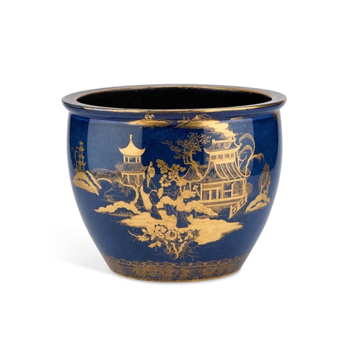 131 - AN EARLY 20TH CENTURY CARLTON WARE LUSTRE JARDINIERE gilt-decorated with a Chinese landscape on a po... 