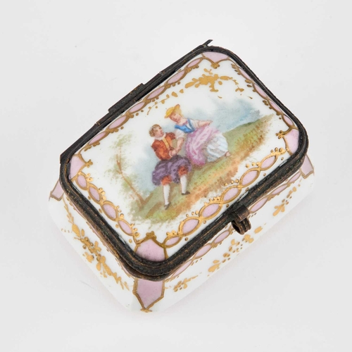 134 - A CONTINENTAL PORCELAIN SNUFF BOX, CIRCA 1900 of bombe form, with gilt-metal mounts. 7cm long