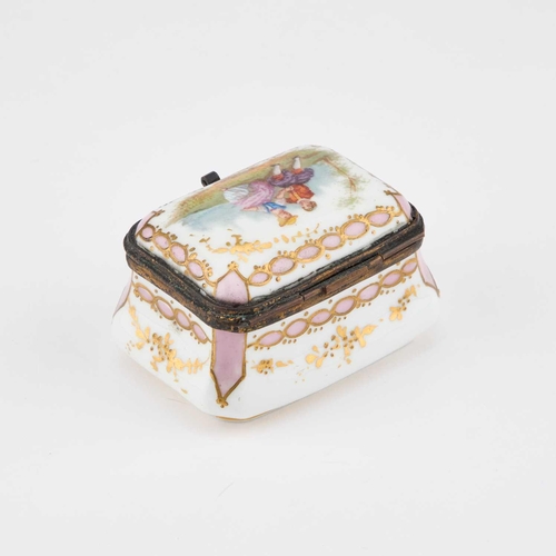 134 - A CONTINENTAL PORCELAIN SNUFF BOX, CIRCA 1900 of bombe form, with gilt-metal mounts. 7cm long