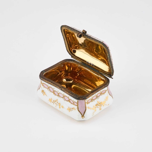 134 - A CONTINENTAL PORCELAIN SNUFF BOX, CIRCA 1900 of bombe form, with gilt-metal mounts. 7cm long