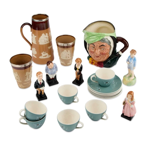 135 - A COLLECTION OF DOULTON including a silver-rimmed salt-glazed stoneware jug and two beakers, etc. (Q... 
