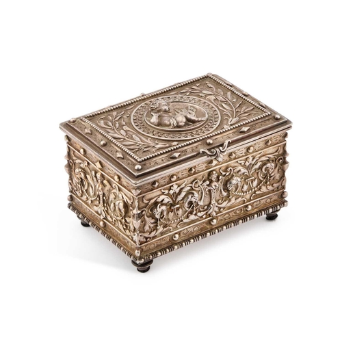 149 - A LATE 19TH CENTURY CONTINENTAL SILVER-PLATED JEWELLERY CASKET centred by a medallion of a musical p... 