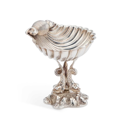 150 - A LATE VICTORIAN SILVER-PLATED SHELL-FORM DISH the dish is raised on a tripod supports in the form o... 