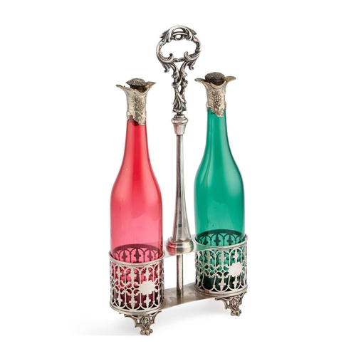 152 - A SILVER-PLATED TWO-BOTTLE DECANTER STAND housing a green and a red glass decanter. 45.5cm high... 