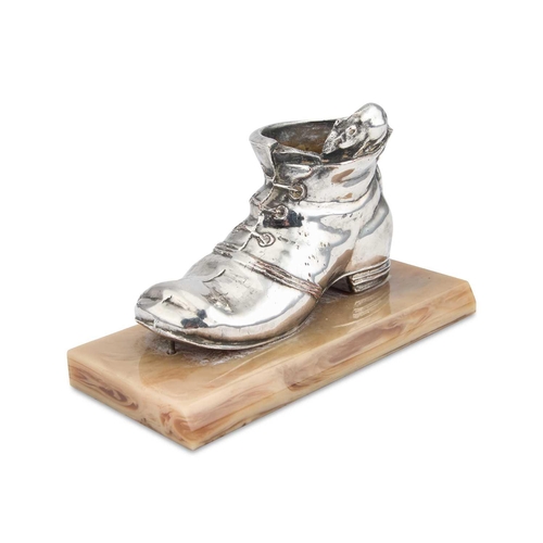 156 - A 20TH CENTURY SILVER-PLATED NOVELTY SPILL VASE modelled as a boot with a mouse. 14cm long overallTh... 