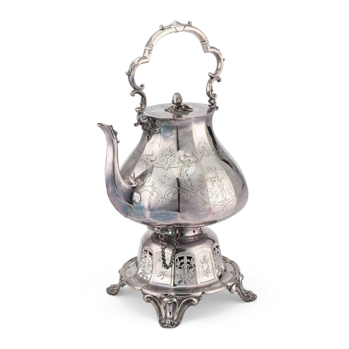 158 - § A VICTORIAN SILVER-PLATED SPIRIT KETTLE the faceted kettle with a fixed handle and flat-hinged cov... 