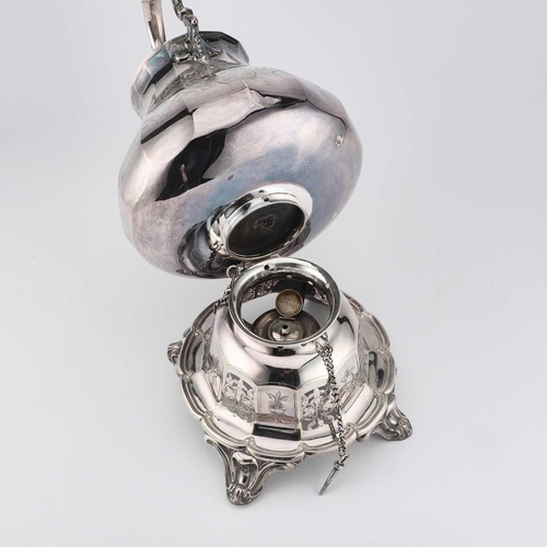 158 - § A VICTORIAN SILVER-PLATED SPIRIT KETTLE the faceted kettle with a fixed handle and flat-hinged cov... 
