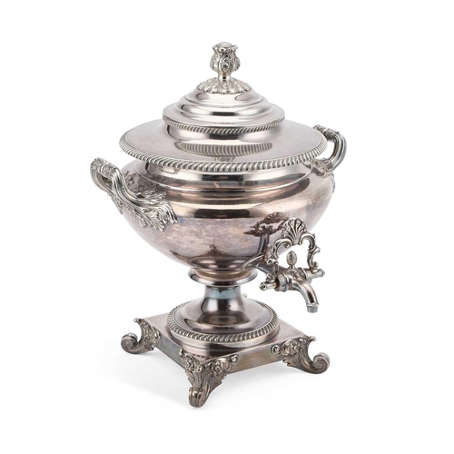 159 - A LARGE 19TH CENTURY SILVER-PLATED TEA URN with an artichoke finial and boldly scrolling feet. 43cm ... 