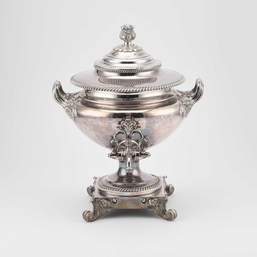 159 - A LARGE 19TH CENTURY SILVER-PLATED TEA URN with an artichoke finial and boldly scrolling feet. 43cm ... 