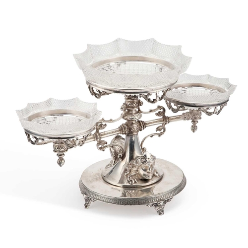 160 - A VICTORIAN SILVER-PLATED CENTREPIECE by John Round & Son, the pedestal mounted with the heads o... 