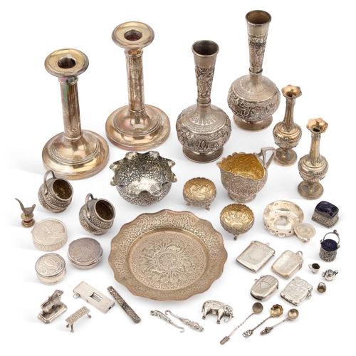 166 - A COLLECTION OF SILVER AND WHITE-METAL WARES including a pair of Indian vases, vesta cases, French w... 