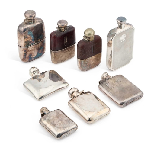 167 - TWO SILVER HIP FLASKS AND SIX SILVER-PLATED HIP FLASKS including a silver-plated Dunhill flask, a la... 