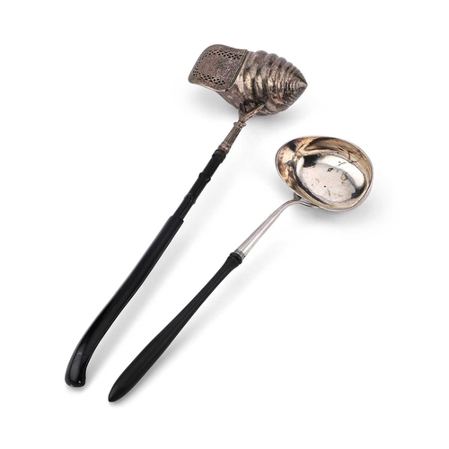 175 - A CONTINENTAL SILVER TODDY LADLE probably German, 19th Century, with an oval bowl and ebonised handl... 