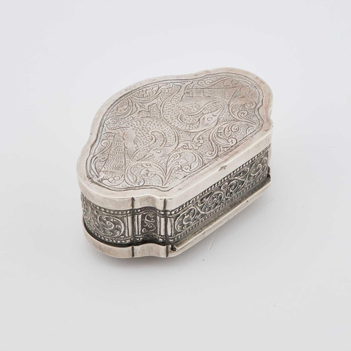 191 - AN INDIAN SILVER TABLE SNUFF BOX indistinct marks, cartouche-shaped, chased with scrolling foliage a... 