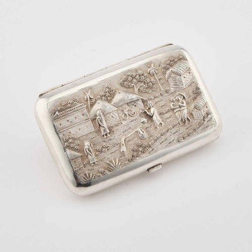 192 - AN INDIAN SILVER CIGAR CASE unmarked, late 19th Century, rectangular with rounded corners, chased to... 