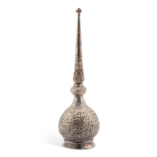 195 - AN ANGLO-INDIAN SILVER ROSE WATER SPRINKLER late 19th Century, the globular body on a short circular... 