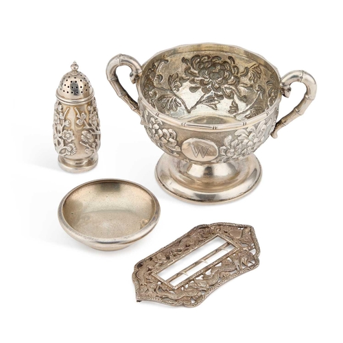 211 - A GROUP OF CHINESE SILVER comprising a two-handled footed bowl; a buckle; pepper pot; and a small di... 