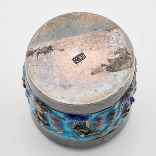 218 - A CHINESE SILVER AND ENAMEL BOX of cylindrical form with a pull-off cover, signed on the underside. ... 