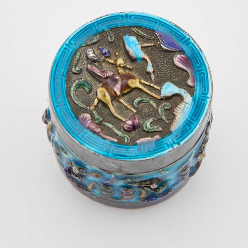 218 - A CHINESE SILVER AND ENAMEL BOX of cylindrical form with a pull-off cover, signed on the underside. ... 