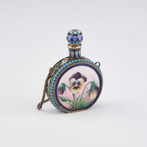 237 - AN EARLY 20TH CENTURY RUSSIAN SILVER-GILT AND ENAMEL SCENT BOTTLE by Ivan Saltykov, Moscow, dated 19... 