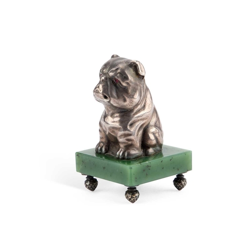 239 - A SILVER MODEL OF A BULLDOG bears Russian marks, the dog modelled on its haunches, with red inset ey... 