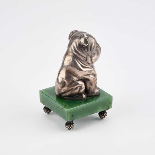 239 - A SILVER MODEL OF A BULLDOG bears Russian marks, the dog modelled on its haunches, with red inset ey... 