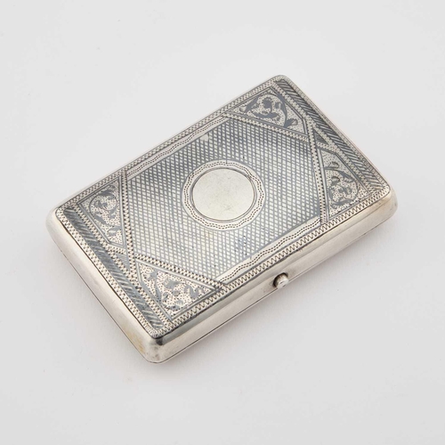 241 - A RUSSIAN SILVER AND NIELLO CIGARETTE CASE Moscow, First Kokoshnik, the hinged lid shows a large bui... 