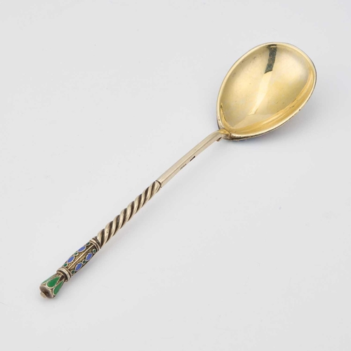 250 - A RUSSIAN SILVER AND ENAMEL SPOON 6th Artel, Moscow, the reverse of the bowl decorated in blue, pink... 