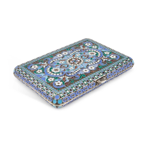 253 - A RUSSIAN SILVER AND CLOISONNÉ ENAMEL CIGARETTE CASE rectangular with rounded corners, decorated in ... 