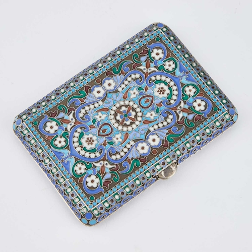 253 - A RUSSIAN SILVER AND CLOISONNÉ ENAMEL CIGARETTE CASE rectangular with rounded corners, decorated in ... 