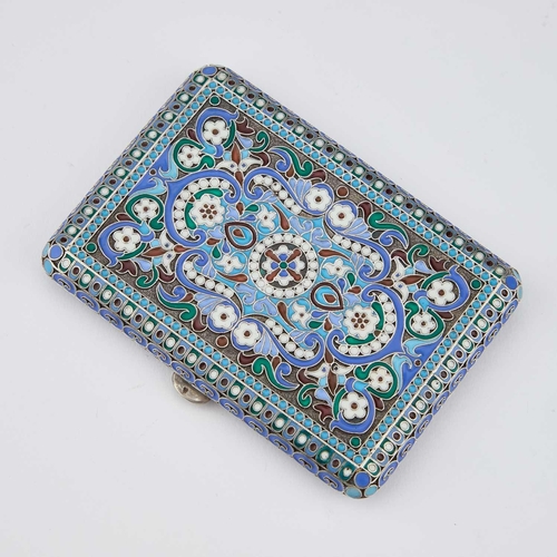 253 - A RUSSIAN SILVER AND CLOISONNÉ ENAMEL CIGARETTE CASE rectangular with rounded corners, decorated in ... 