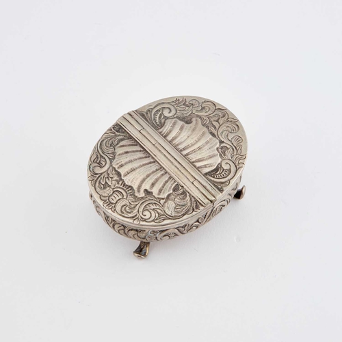 260 - A SMALL CONTINENTAL SILVER BOX 18th/ 19th Century, oval with double hinged covers, raised on scroll ... 