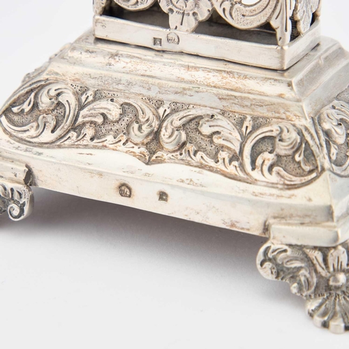 278 - A 19TH CENTURY PORTUGUESE SILVER TOOTHPICK HOLDER Lisbon, the rectangular base with splayed shell-fo... 