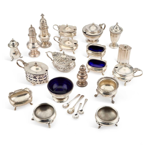 339 - A COLLECTION OF SILVER CONDIMENTS including mustard pots, pepper pots and open salts. (Qty) Tallest ... 