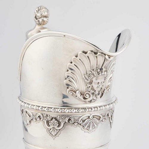 390 - A FINE EDWARDIAN SILVER EWER by Elkington & Co Ltd, London 1908, of helmet form with a caryatid ... 