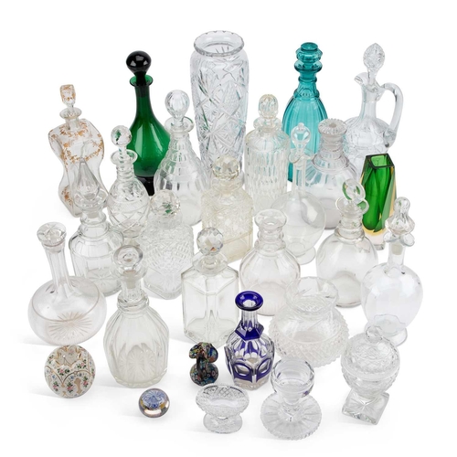 41 - A LARGE COLLECTION OF GEORGIAN AND LATER GLASS including decanters, a covered bowl, vases, a paperwe... 