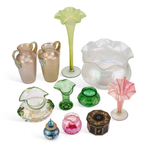 42 - A LARGE COLLECTION OF ART GLASS including a pair of iridescent two-handled vases, a large iridescent... 