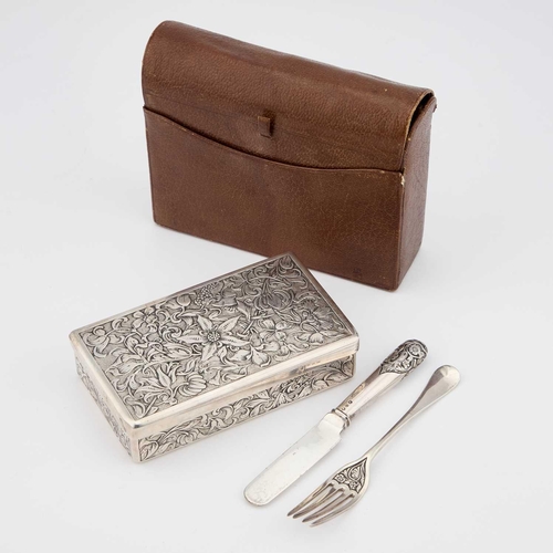 435 - A CASED VICTORIAN SILVER CHILD'S SANDWICH BOX WITH KNIFE AND FORK the box by Thomas Whitehouse, Lond... 