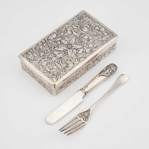 435 - A CASED VICTORIAN SILVER CHILD'S SANDWICH BOX WITH KNIFE AND FORK the box by Thomas Whitehouse, Lond... 