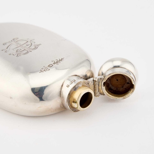 438 - A VICTORIAN SILVER HIP FLASK by John Milner & Sons, Sheffield 1898, the ovoid body engraved with... 