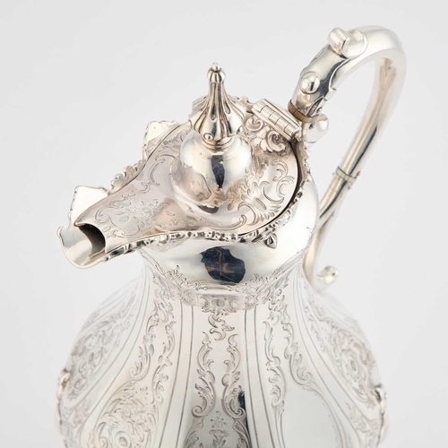 478 - § A LARGE VICTORIAN SILVER HOT WATER JUG by Joseph Angell II, London 1851, of panelled tapering form... 