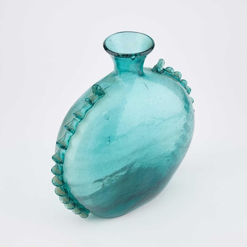 48 - AN 18TH CENTURY DUTCH GREEN GLASS BOTTLE VASE of compressed moon form, applied with peaked trails to... 