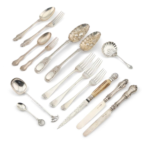 482 - A COLLECTION OF SILVER FLATWARE AND SERVING PIECES including a pair of Victorian berry spoons, by Wi... 